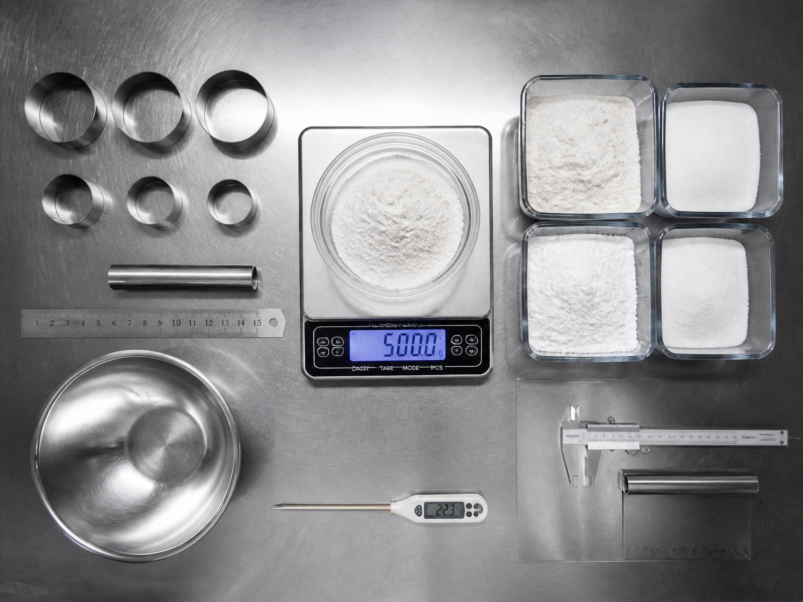 Overhead view of a stainless steel commercial kitchen prep surface with digital gram scale and precisely measured ingredients in geometric containers